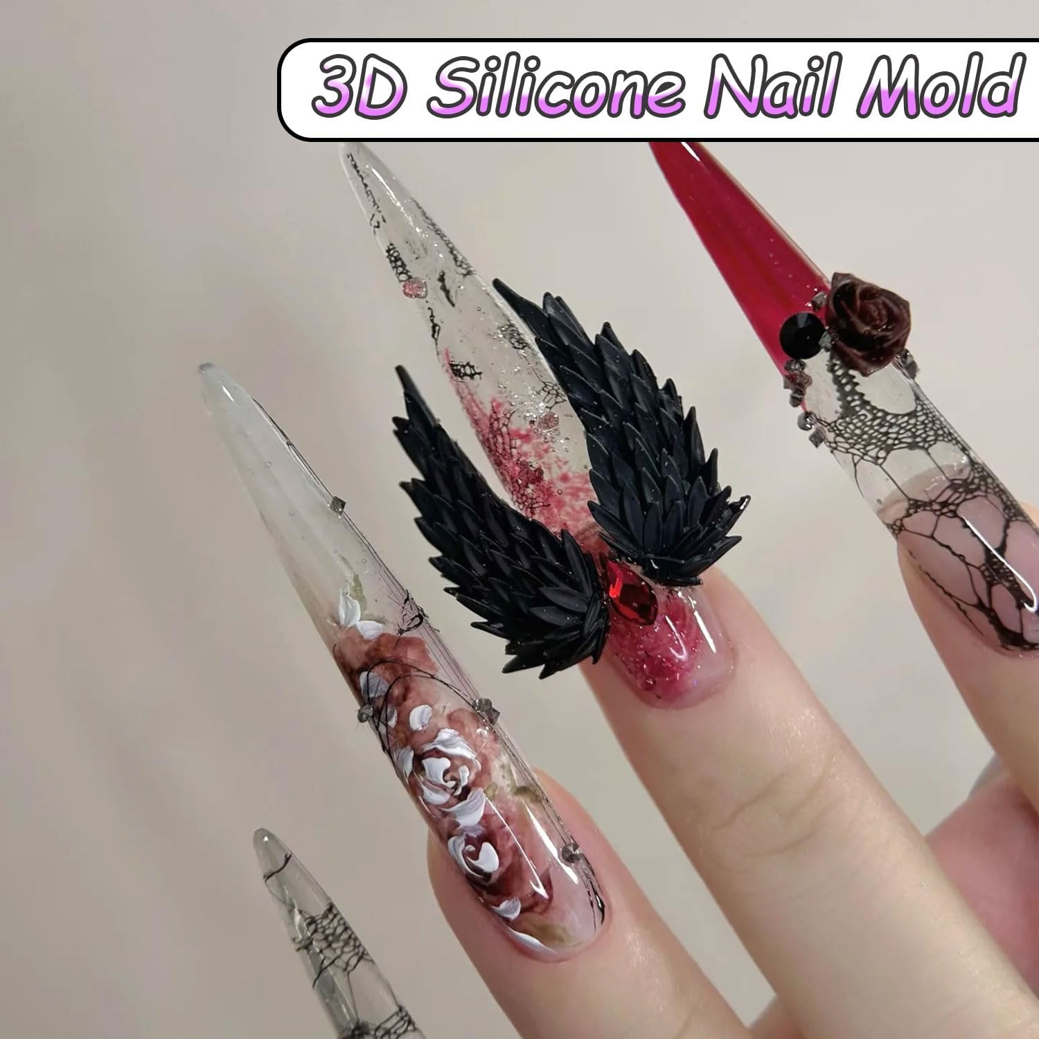 1 Pcs Nail Art Silicone Mold 3D Eagle Wings Design Nails Molds Reusable Fashionable Clear Manicure Template DIY Charms Nail Art Molds 3D Silicone for Gel Wings Embossing Nail Mold for Women