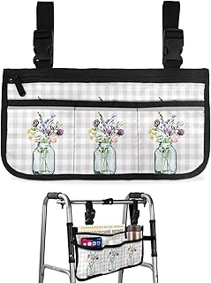 Spring Floral Glass Bottle Wheelchair Side Bag Walker Bag, Gray Buffalo Plaid Checkered Wheelchair Accessories Armrest Pouch, Organizer Storage Bag for Walkers, Rollators, Scooters, 7.3'x13'