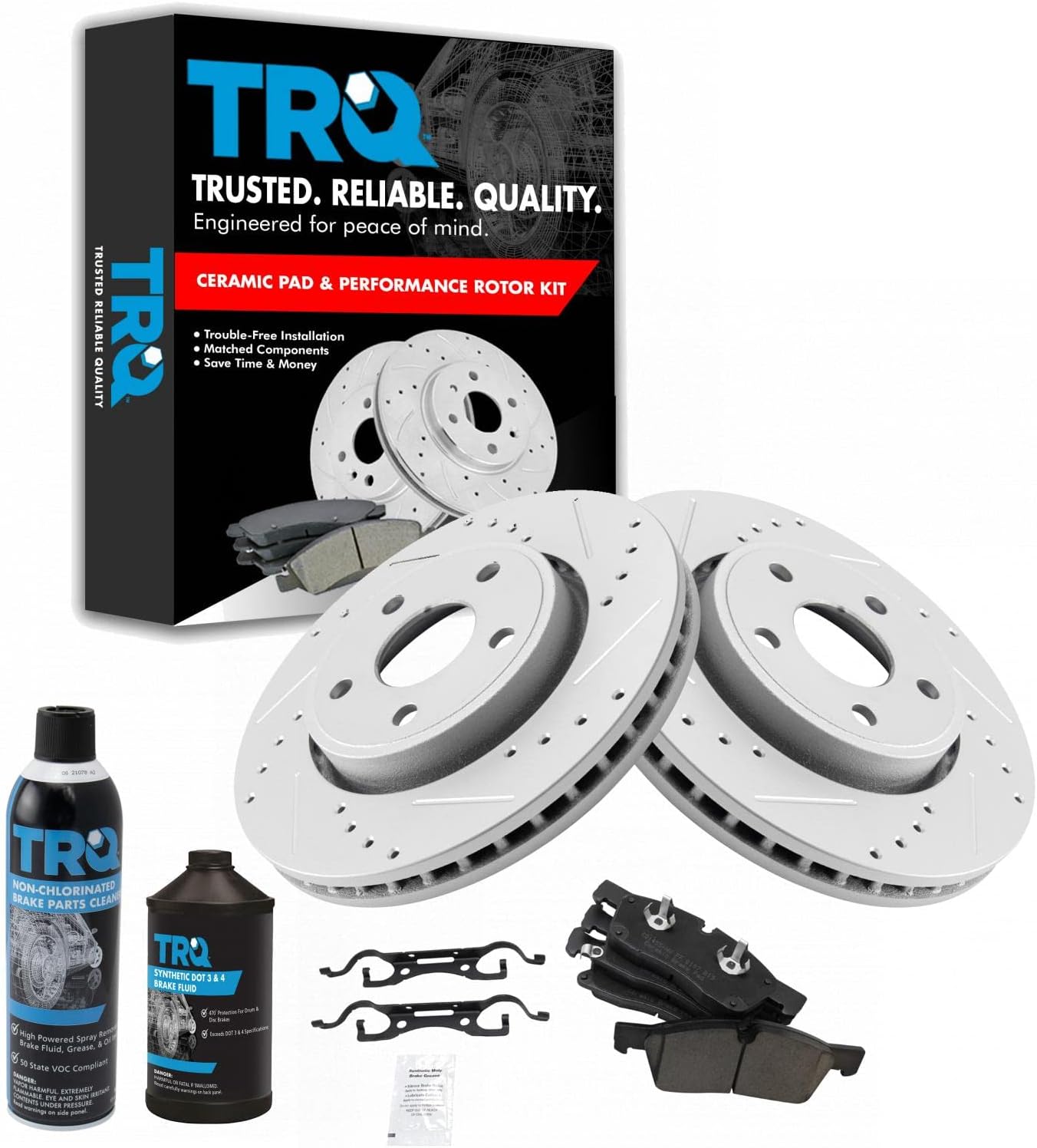 TRQ Front Performance Brake Pad & Rotor Kit Brake Chemical Kit Brake Pads Brake Rotors Set Ceramic Compatible with 2011-2016 Dodge Durango Jeep Grand Cherokee
