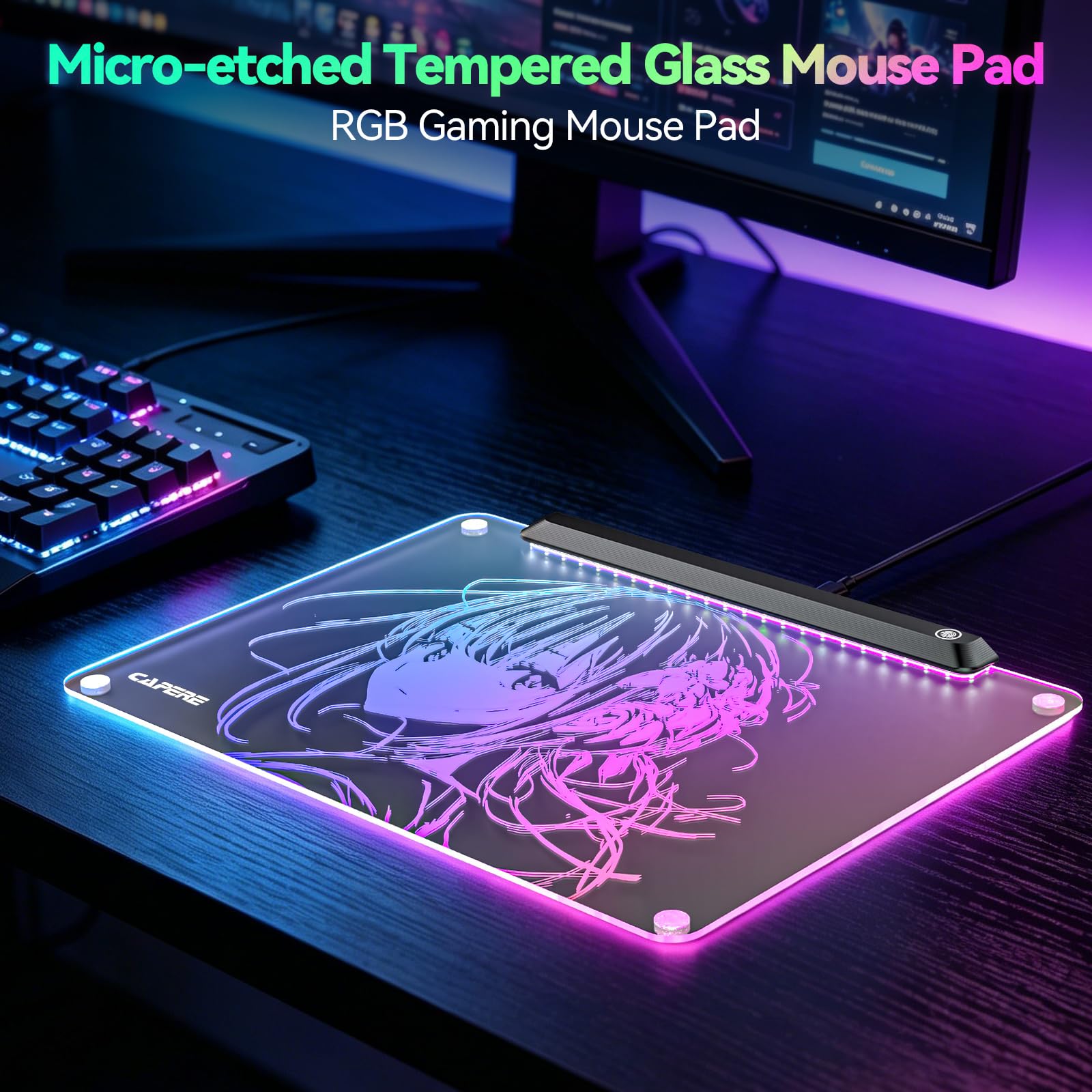 Alfombrilla de mouse RGB de vidrio templado, 13 modos de iluminación, hub USB 4 puertos, superficie micrograbada para velocidad y control máximos, alfombrilla de mouse dura para juegos FPS y