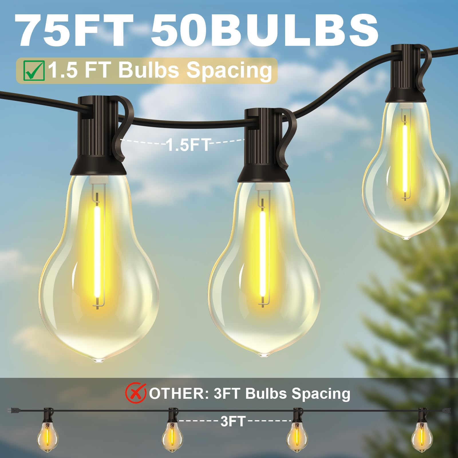 Cadena de luces para exteriores de 75 pies impermeable con 50 + 4 bombillas (espacio de bombillas de 1.5 pies), control remoto y regulador, cadena de luces comerciales para patio con 3 modos