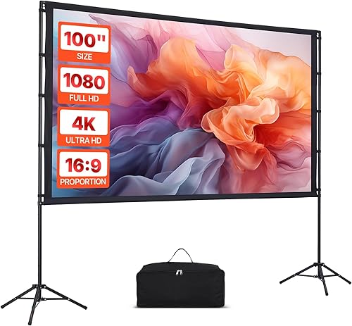 Miniatura 10 de VEVOR Pantalla de proyector con soporte, 100 pulgadas 169 4K 1080 HD pantalla de cine al aire libre con soporte, pantalla de proyección sin arrugas