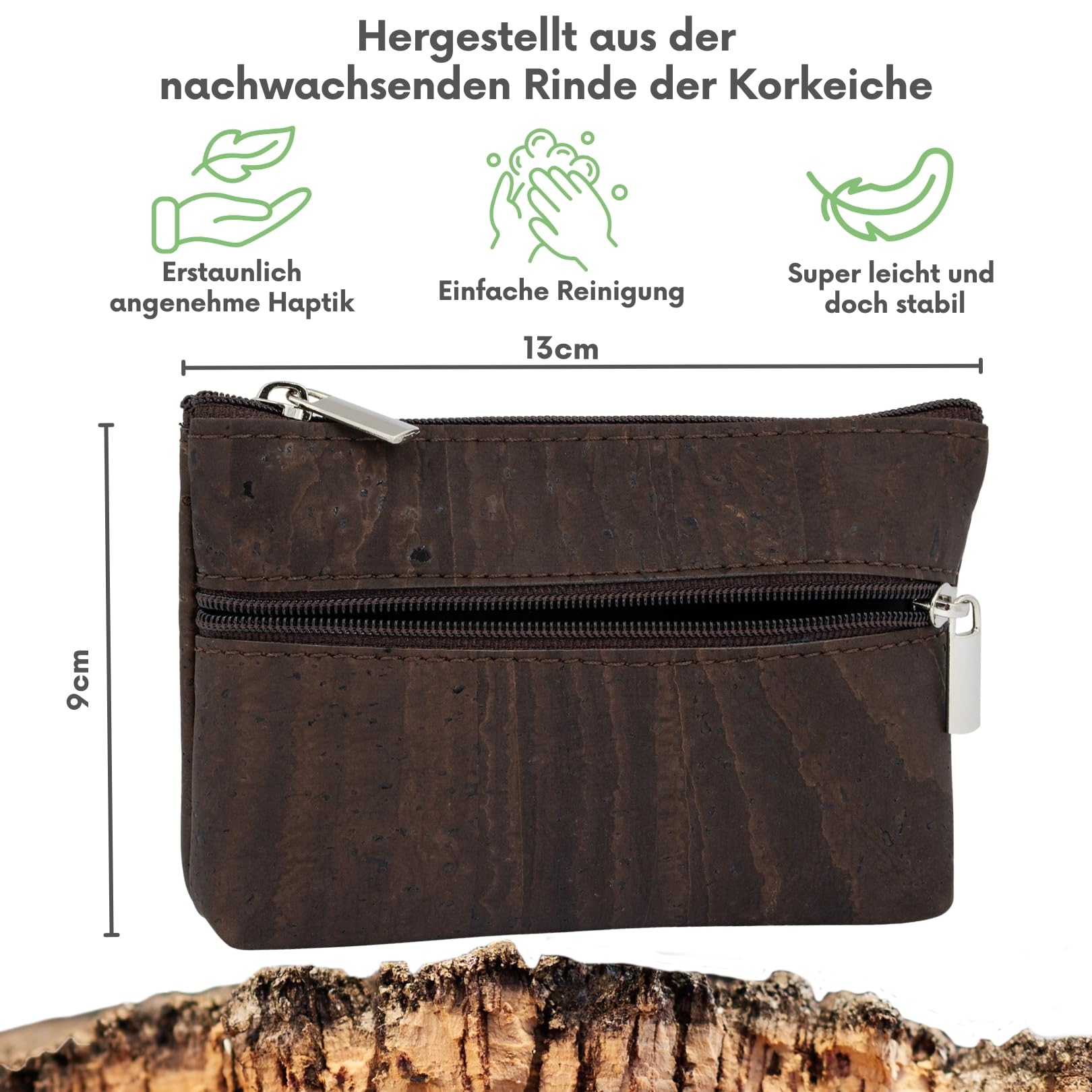 SIMARU Münzgeldbeutel Kork Geldbeutel Mini Slim Wallet Geldbörse mit 2 Reißverschlussfächern für Karten, Scheine & Münzen, nachhaltiges Portemonnaie