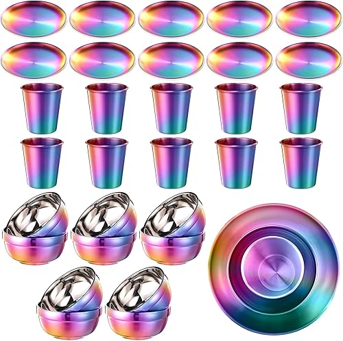 Layhit El juego de vajilla de acero inoxidable arcoíris de 30 piezas incluye juego de 10 platos, cuencos, tazas, vajilla de cocina iridiscente,