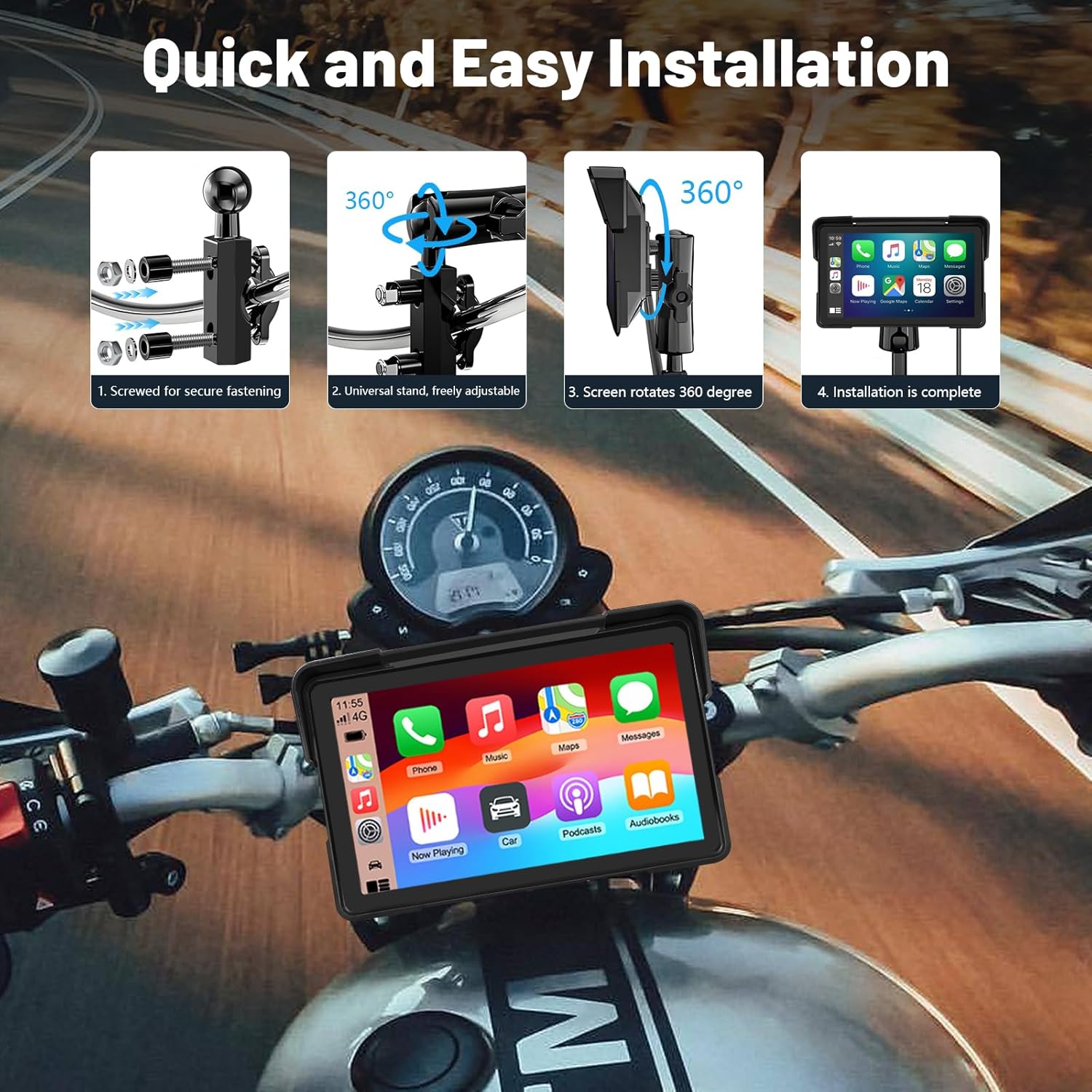 7Inch Motorcycle Carplay, GPS Navigation System with Apple CarPlay & Android Auto, Waterproof Touchscreen, IP67 Waterproof for Motorbike, Support Dual Bluetooth, Siri, Google Assistant