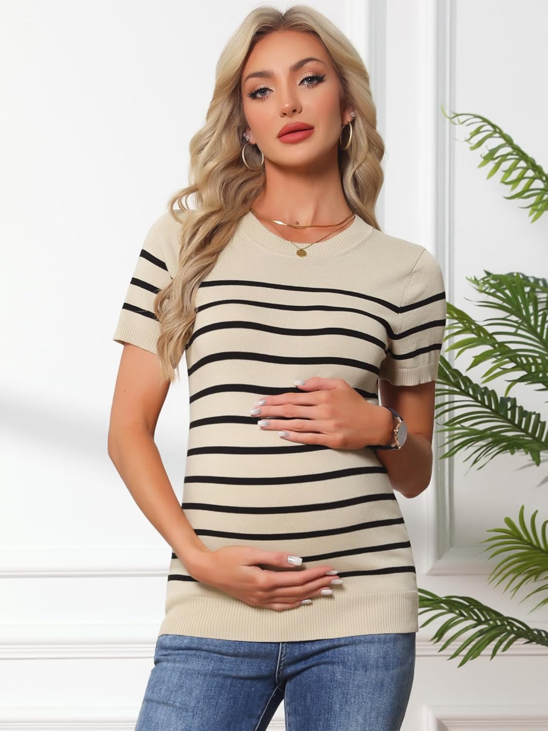 Women Maternity Work Top Spring Summer Sweater Pullover Stretchy Knit Short Sleeve Semi Formal Office Shirt
