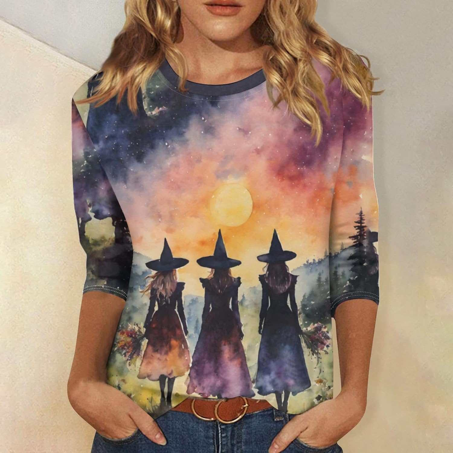 Halloween Shirts for Women Funny Crew Neck 3/4 Sleeve Trendy Casual Tops Halloween Graphic T Shirts Festival Outfits - Image 2