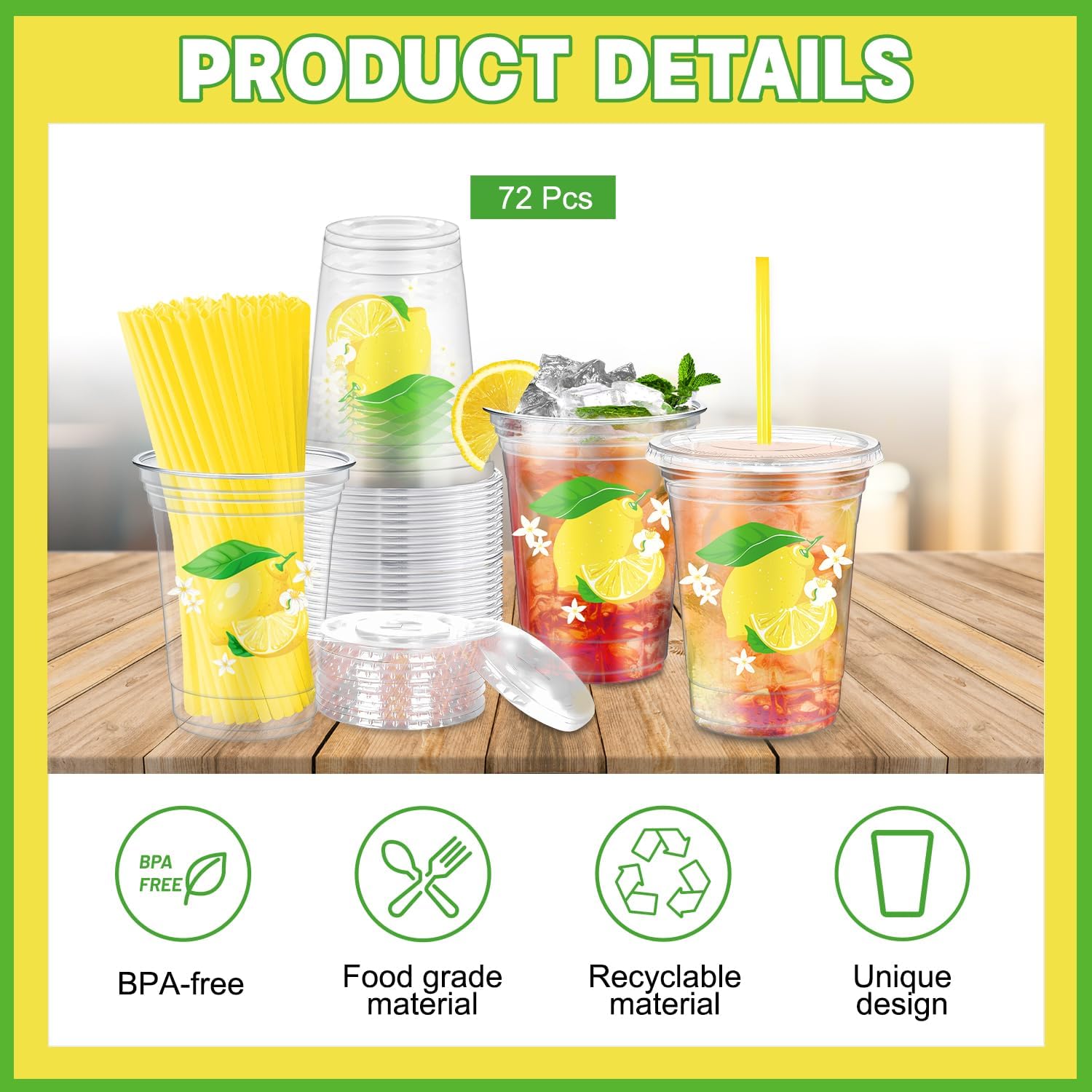 72Pcs Lemon Plastic Cups with Lids and Straws 12oz Lemonade Cups for Hawaii Pool Party Supplies Yellow Drinking Cups for Summer Fruit Birthday Party Supplies