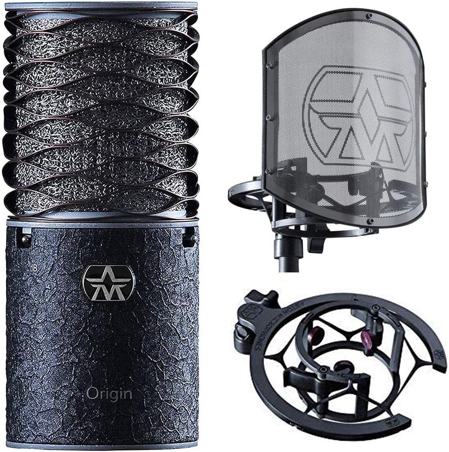 Origin Black Bundle Production Kit Pairing a Rock'n'Roll Black Version of Aston's Legendary Origin Microphone with The Swiftshield Pop Filter and Shock Mount Set