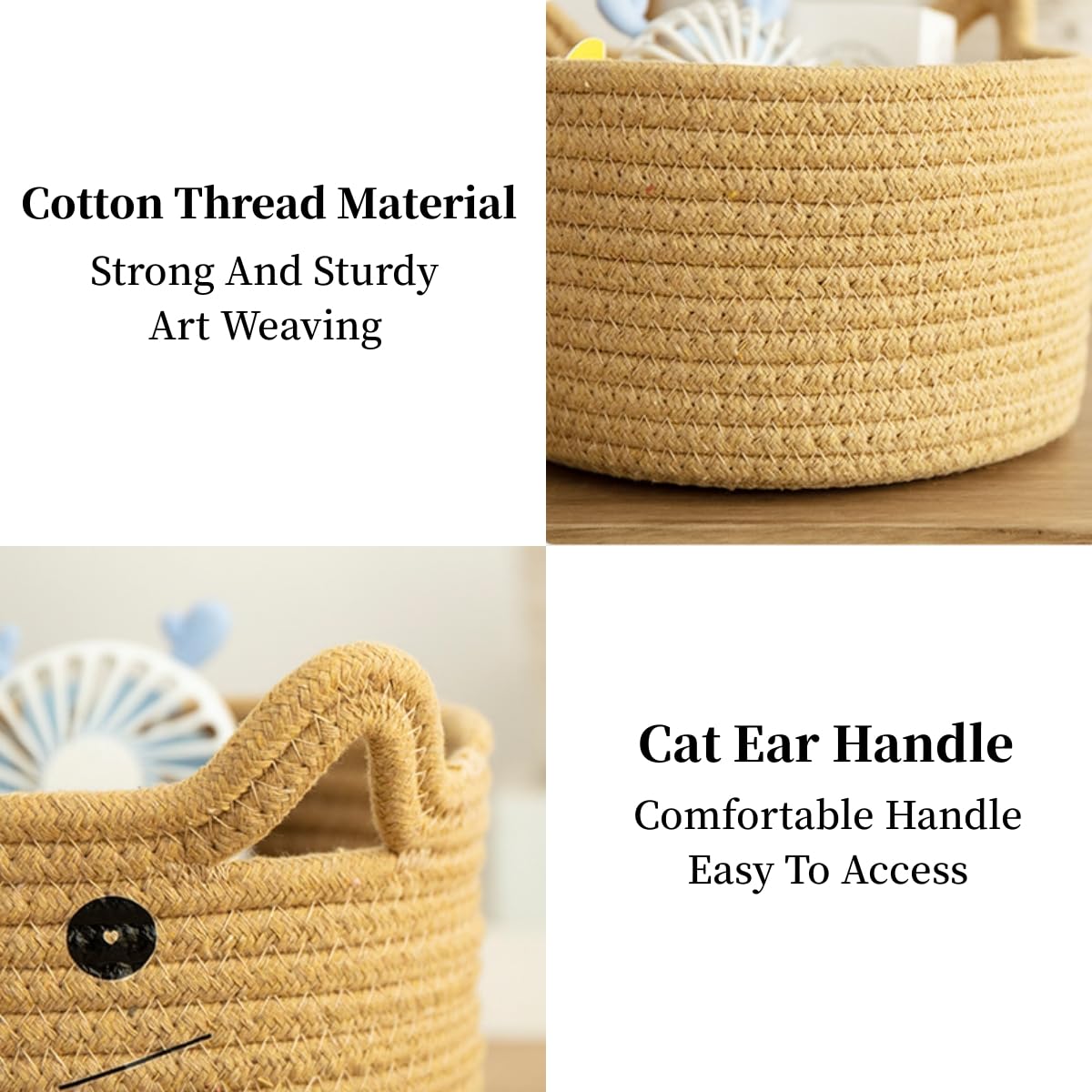 猫耳造型棉绳编织收纳篮 – 手工感杂物筐 收纳玩具零食两尺寸可选