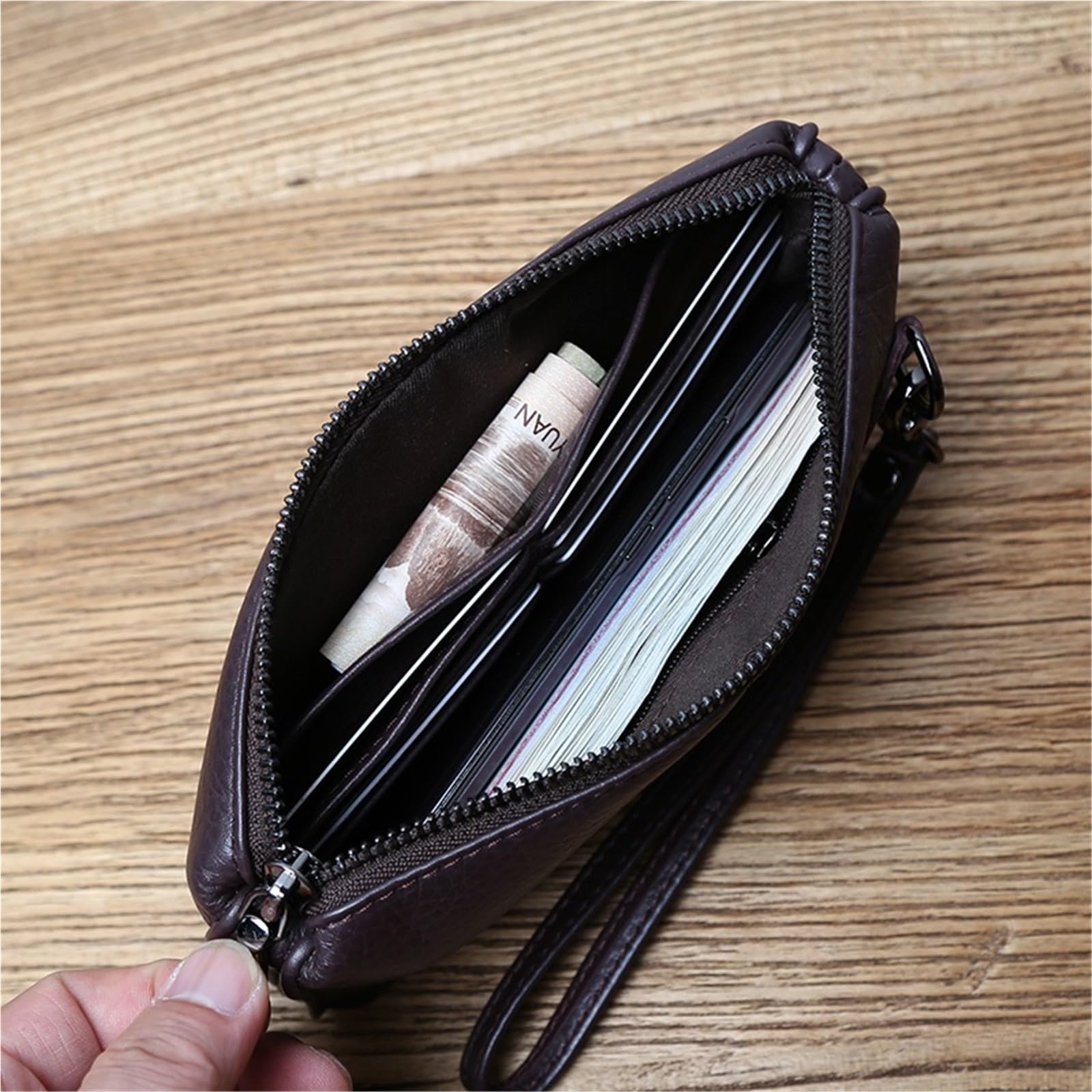 Portamonete Uomo for il tempo libero in pelle con borsa lunga, morbida, cerniera a mano, strato porta soldi, for carte di credito in vacchetta, for cellulare(Brown(trumpet))