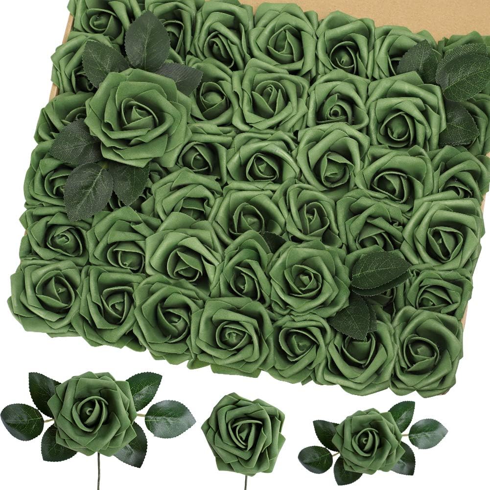 HOHOTIME Artificial Flowers 42PCS, 3.2 Inches Real Touch Roses, Foam Roses with Greeneries and Stem for Vintage Decoration Crafts Wedding DIY Bridal Shower Party Home Decor