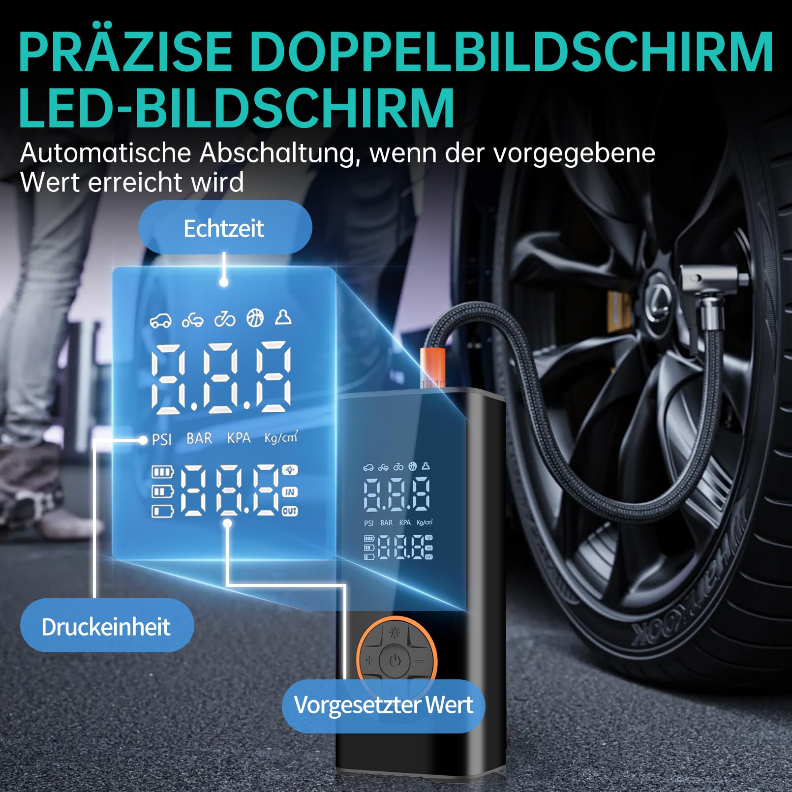 Kabelloser Elektrische Luftpumpe 150PSI 6000mAh Akku Kompressor Fahrradpumpe Mini Tragbare Reifenpumpe mit LED-Licht & Auto-Stopp Wiederaufladbare Autoreifenpumpe DC 12 V