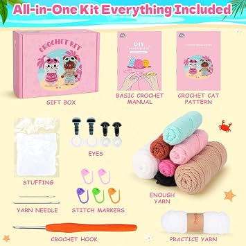 Learning Crochet Kit for Beginners Beach Theme of Cat Crochet Kits Complete Animal Crochet with instruction Knitting Learning Kit Cat Crochet Starter Kit Animal Set Beginners Crochet Kitten Dressing