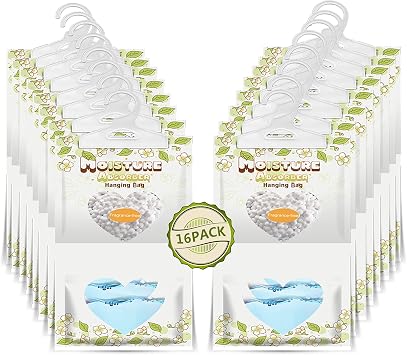 ZSPENG 16 Pack Moisture Absorber Hanging Bags,220g/Pack Fagrance Free Moisture Bag,Hanging Closet Dehumidifier Bags for Basement Closet Storeroom