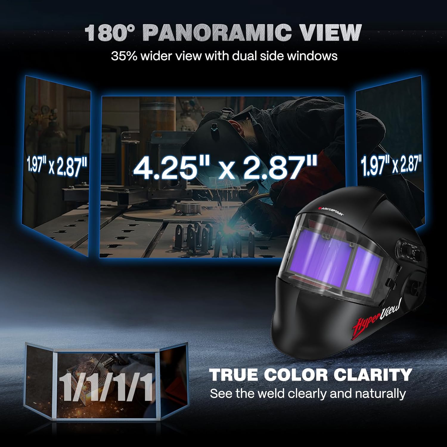 ARCCAPTAIN Welding Helmet Auto Darkening with Side Lens(DIN3/13), 180° Panoramic View + ARCCAPTAIN 3Pcs Large Viewing Screen Outer Replacement Lens and 2Pcs Inner Replacement Lens
