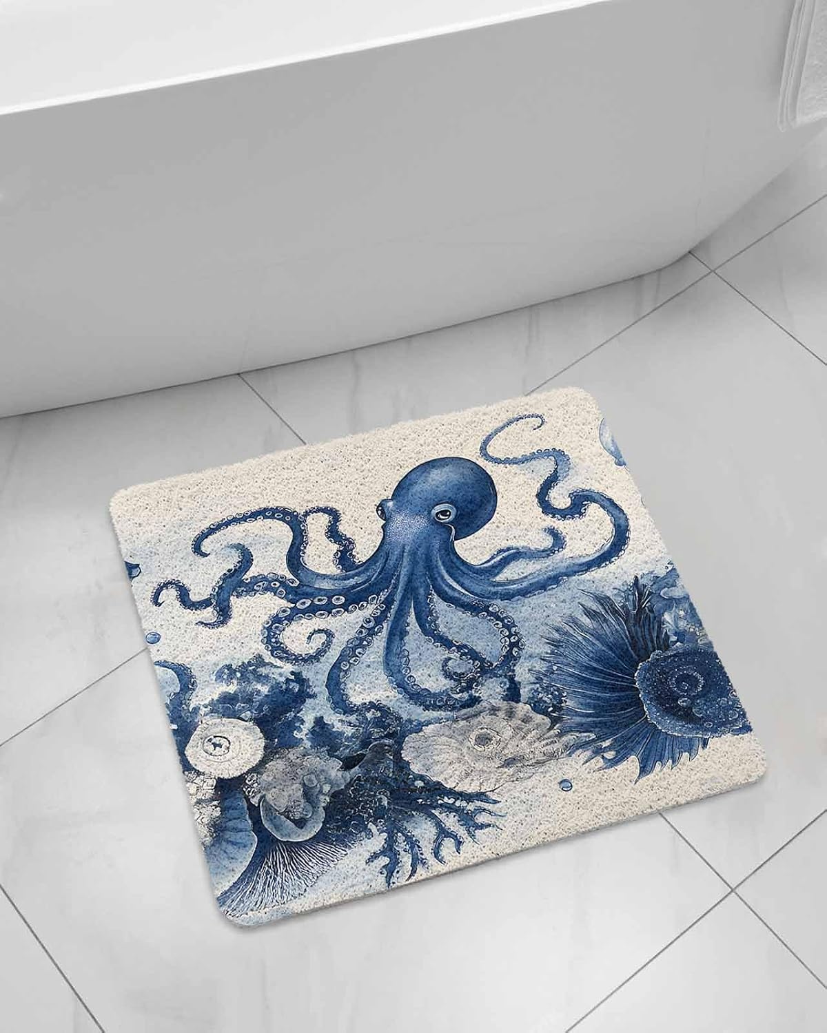 Summer Gnome Non-Slip Bathtub Mat, Ocean Shell Starfish Retro Linen PVC Bath Mat for Tub Quick Drying Shower Mats for Inside Shower, Foot Scrubber Loofah Bathroom Mats 47x16 Inches