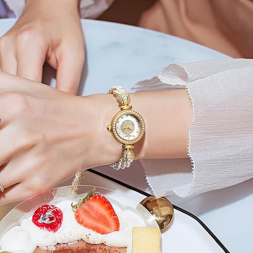 Miniatura 7 de Reloj de pulsera de oro para mujer, correa de cadena de perlas giratoria, esfera deslumbrante, impermeable, regalo para mujer R0262JB