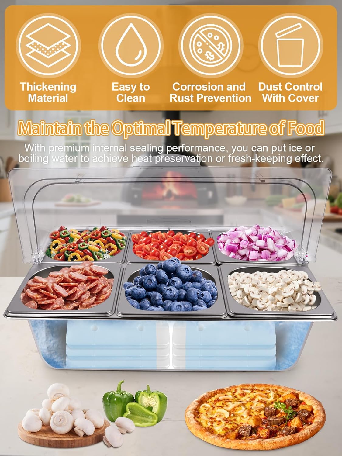Lanstics 2P Pizza Topping Station 7 Pans Stainless Steel Spice Organizer Salad Bar Buffet Station with Spoons Ice Boxes Buffet Containers Set for Sauce Jam Ingredient Kitchen Restaurant Pantry