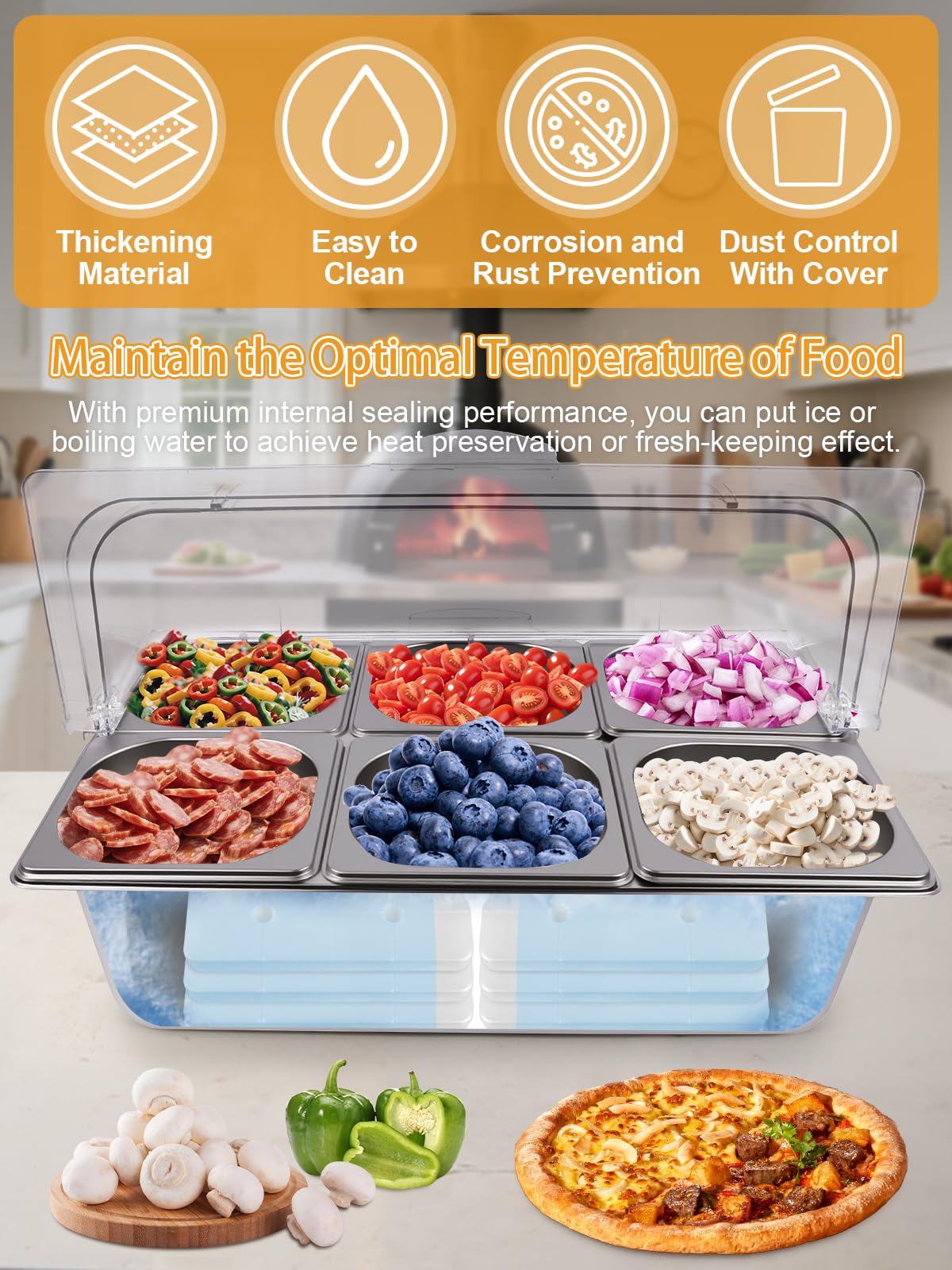 Kalolary 2 Stücke Edelstahl Zutatenbehälter, 7 Pfannen Gewürz Organizer Set aus Edelstahl für Salatbar Buffet mit Löffeln Kühlboxen und Buffetbehältern für Soßen Marmeladen Zutaten Küche Restaurant