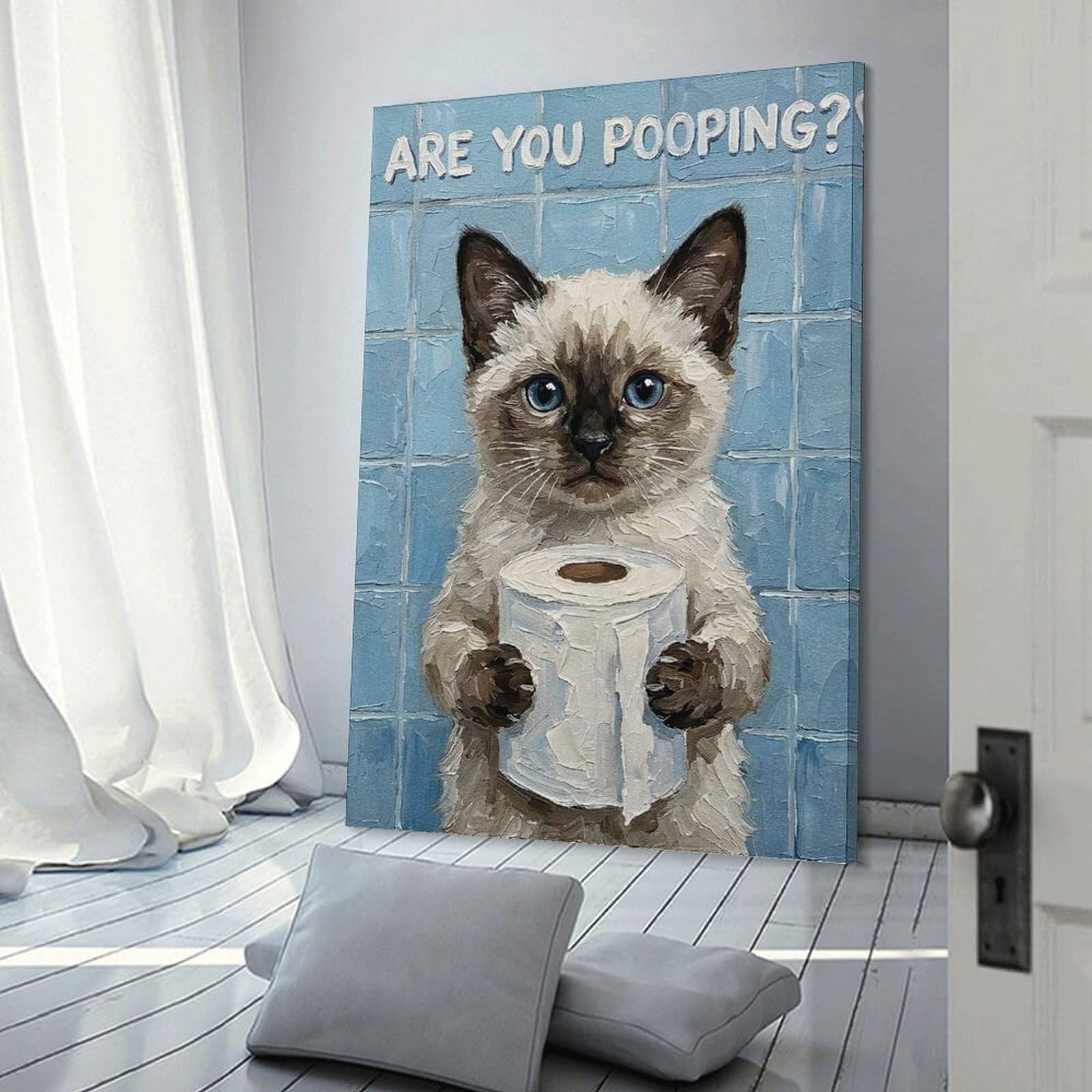 Junmoney Frame-Style-7 Siamese Cat With Toilet Paper Painting Wall Art Print 16X24inch(40X60cm), For Gallery Wall Layouts In Home Or Office, An Easy Match For Collected Prints