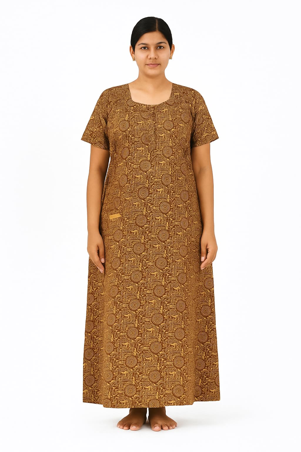 Women’s Cotton Nighty with Zip & Front Pocket – Free Size, Floral Printed Maxi Nightwear Gowns-image-18