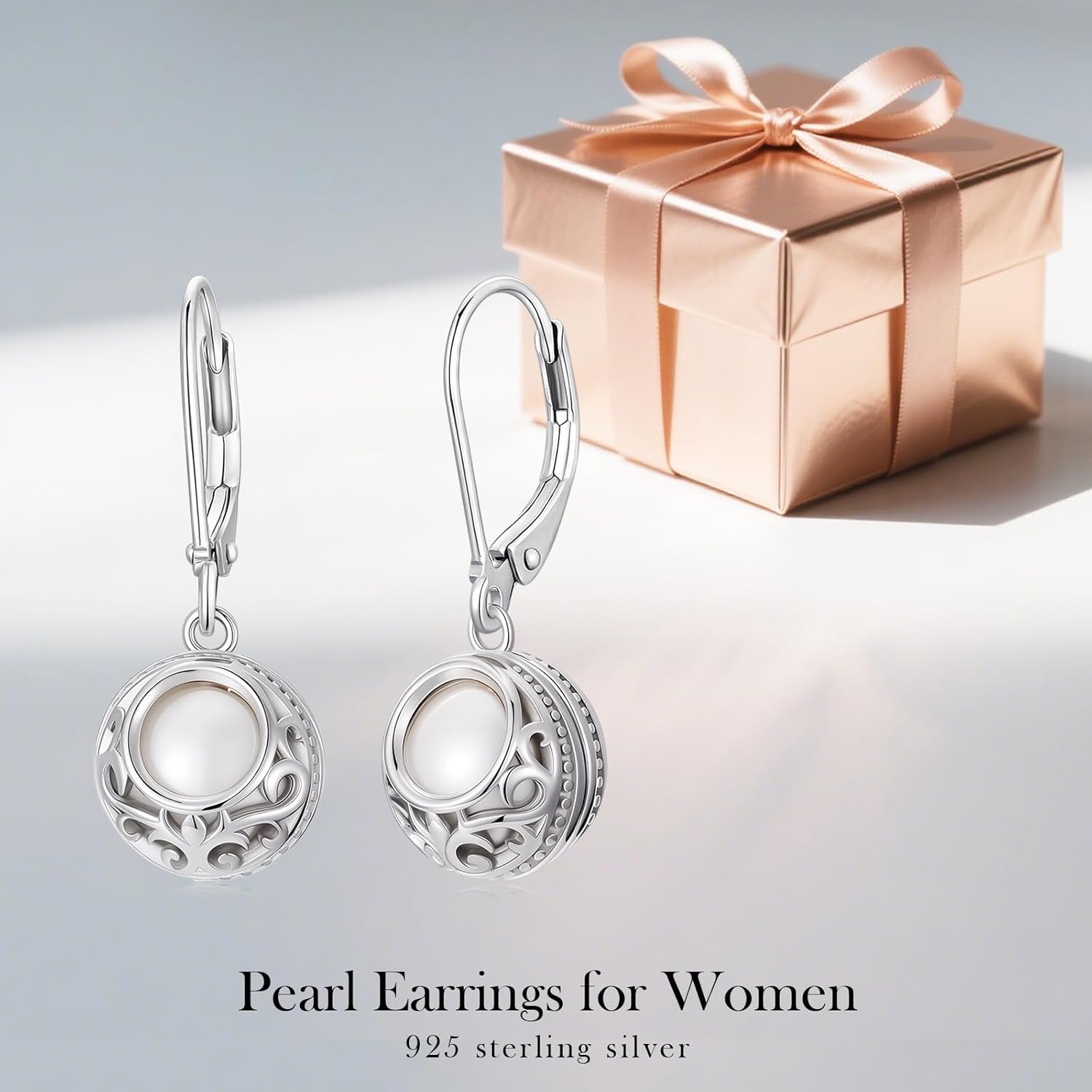 925 Sterling Silver 8mm Freshwater Pearl Earrings for Women, 18k White Gold Plated Filigree Leverback Dangle Drop, Birthday Christmas Jewelry Gift for Her - Image 7