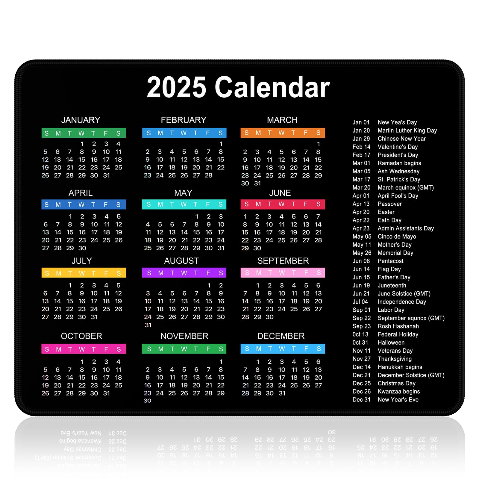 Dapesuom 2025 Calendar Mouse Pad, Computer Mousepad with Stitched Edges for Wireless Mouse, Waterproof Mouse Mat with Non-Slip Rubber Base, Ergonomic Mouse Pads for Gaming, 9.8 x 7.8 in, Holidays