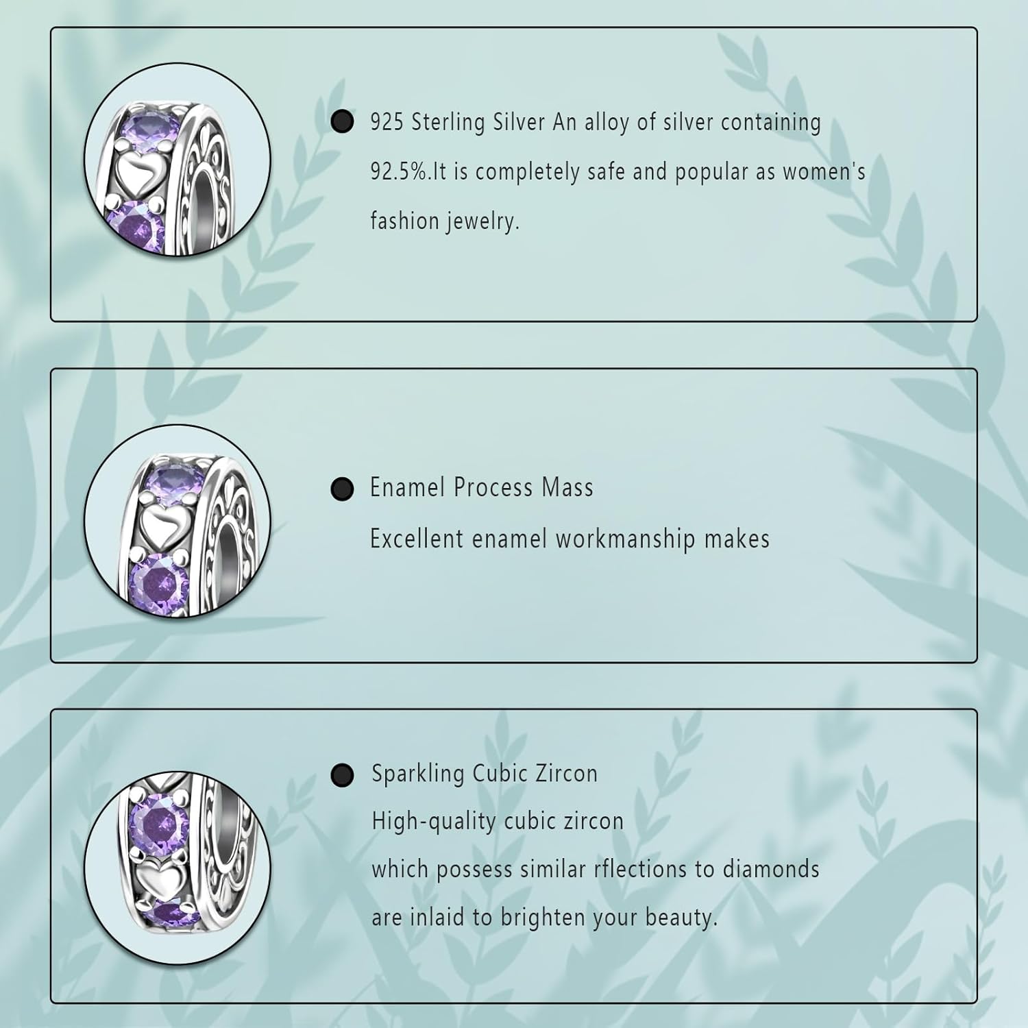 925 Sterling Silver Charms Purple Heart Silicone Spacer Beads Set For Women'S Charms Bracelets 2 Per Pack - Image 3