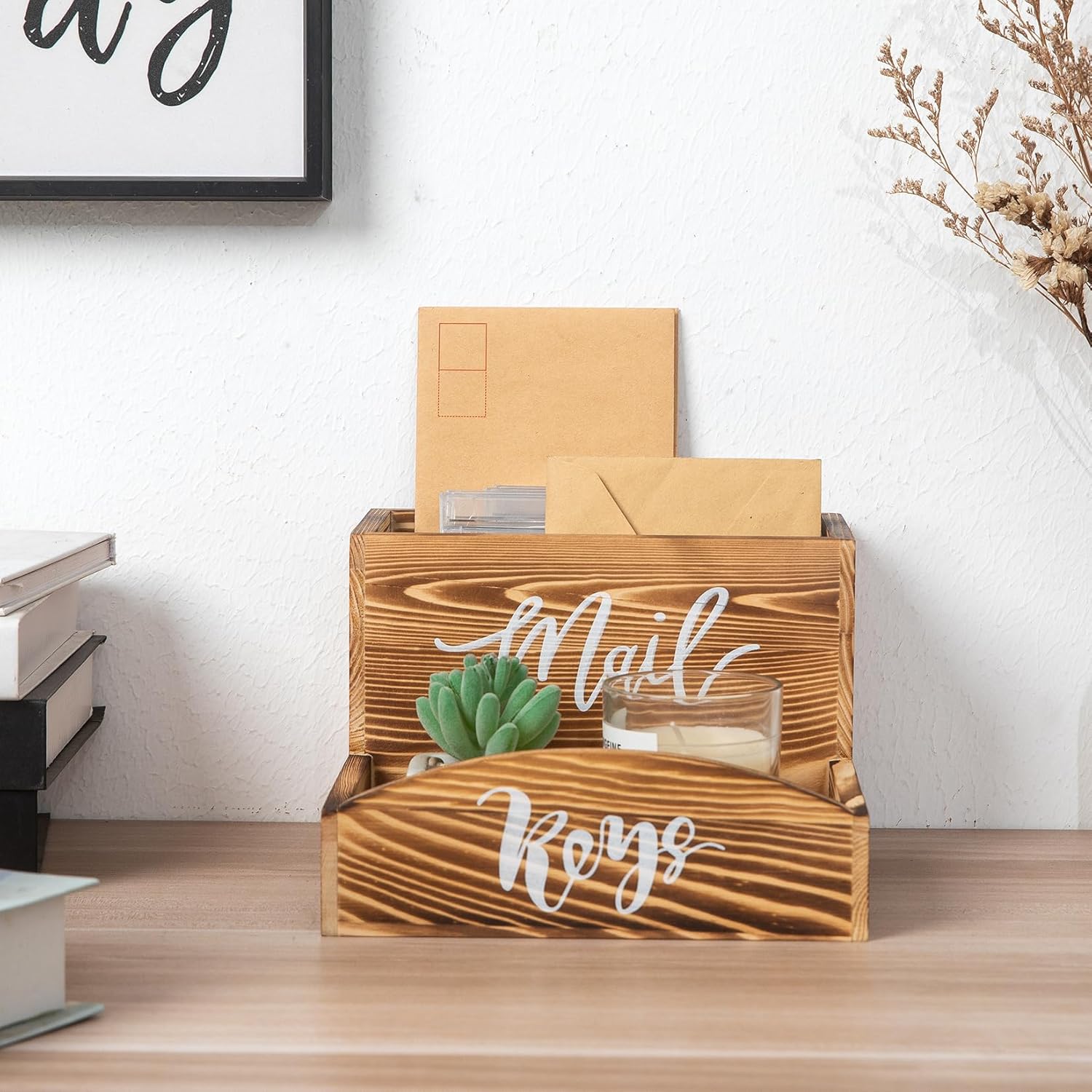 Rustic Brown Torched Wooden Key Mail Organizer Word Front Label Table Top Organizing Bin Wood Countertop Desktop Cellphone Wallet Stationery Jewelry Storage Tray Entryway Home Office Farmhouse