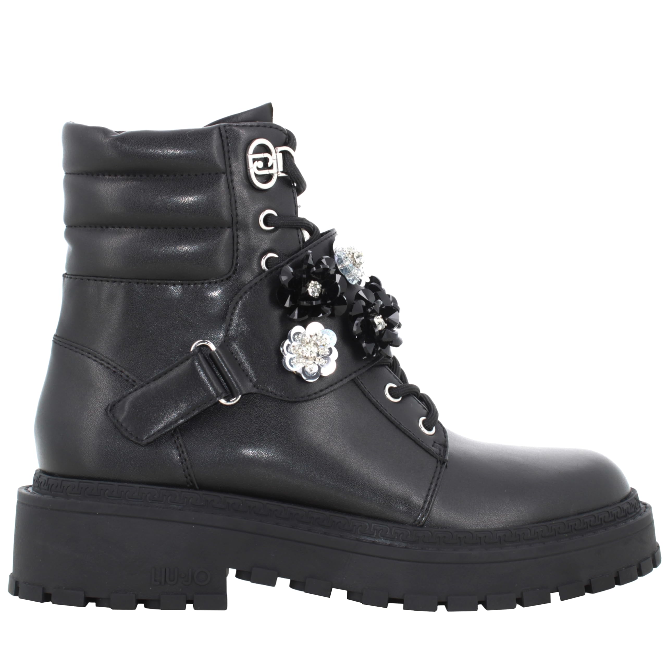 Liu Jo Botas Militares con Flores de Cristal, Negro, Cuero, Suela de Goma, Estilo Combat (Negro, Mediano, Sistema tallas calzado EU, Adulto, Números, mediano, 39)