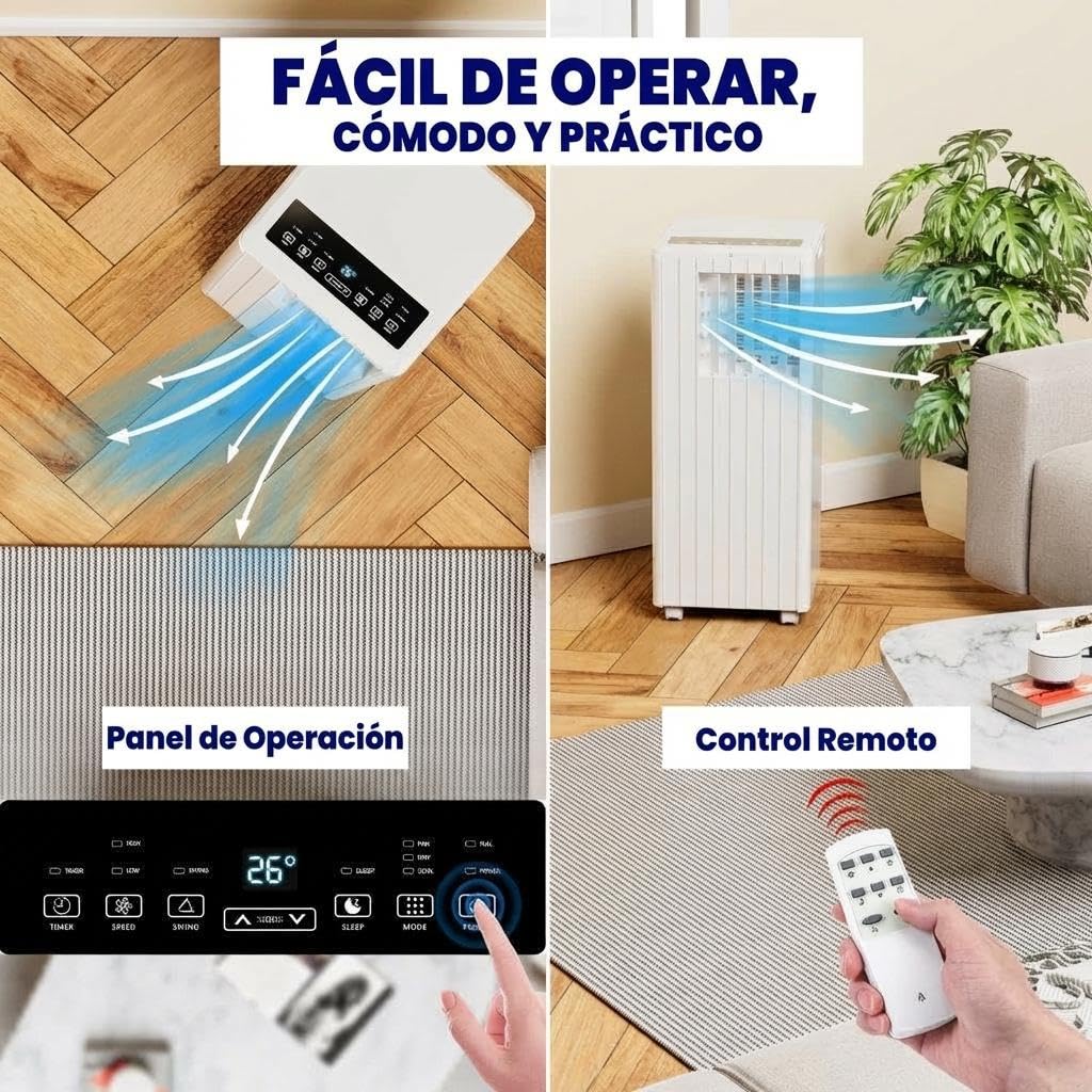 Aire Acondicionado Portátil 7000 BTU 3 en 1 con Enfriador, Deshumidificador 36L y Ventilador, para Habitaciones 15-20 m², Control Remoto, Temporizador 24h, R290
