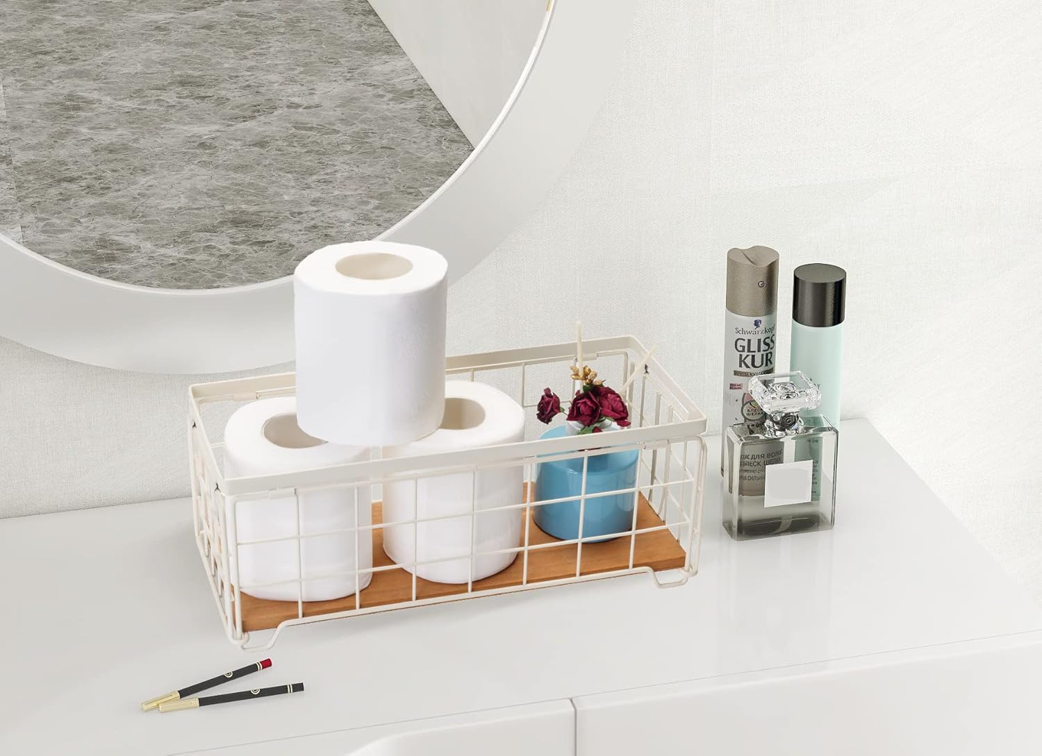 Metal Wire Storage Basket, Toilet Paper Roll Holder Wood Base Countertop Decor Box Toilet Tank Shelf Cabinet Organizer for Bathroom Pantry Garage Bedroom Livingroom (Cream White (2 Pack))
