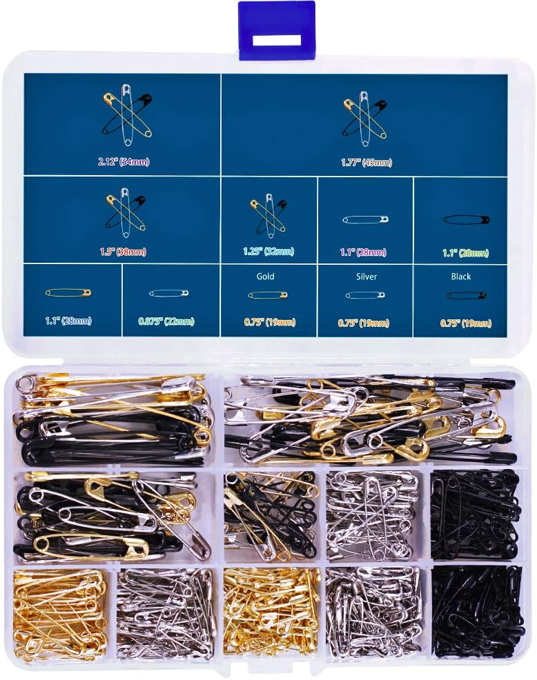 490 Pieces 7 Sizes Heavy Duty Safety Pins Assorted Durable, Large Strong Safety Pins Gold Silver Black 19mm - 54mm for Home Office Use Art Craft Sewing Jewelry Making