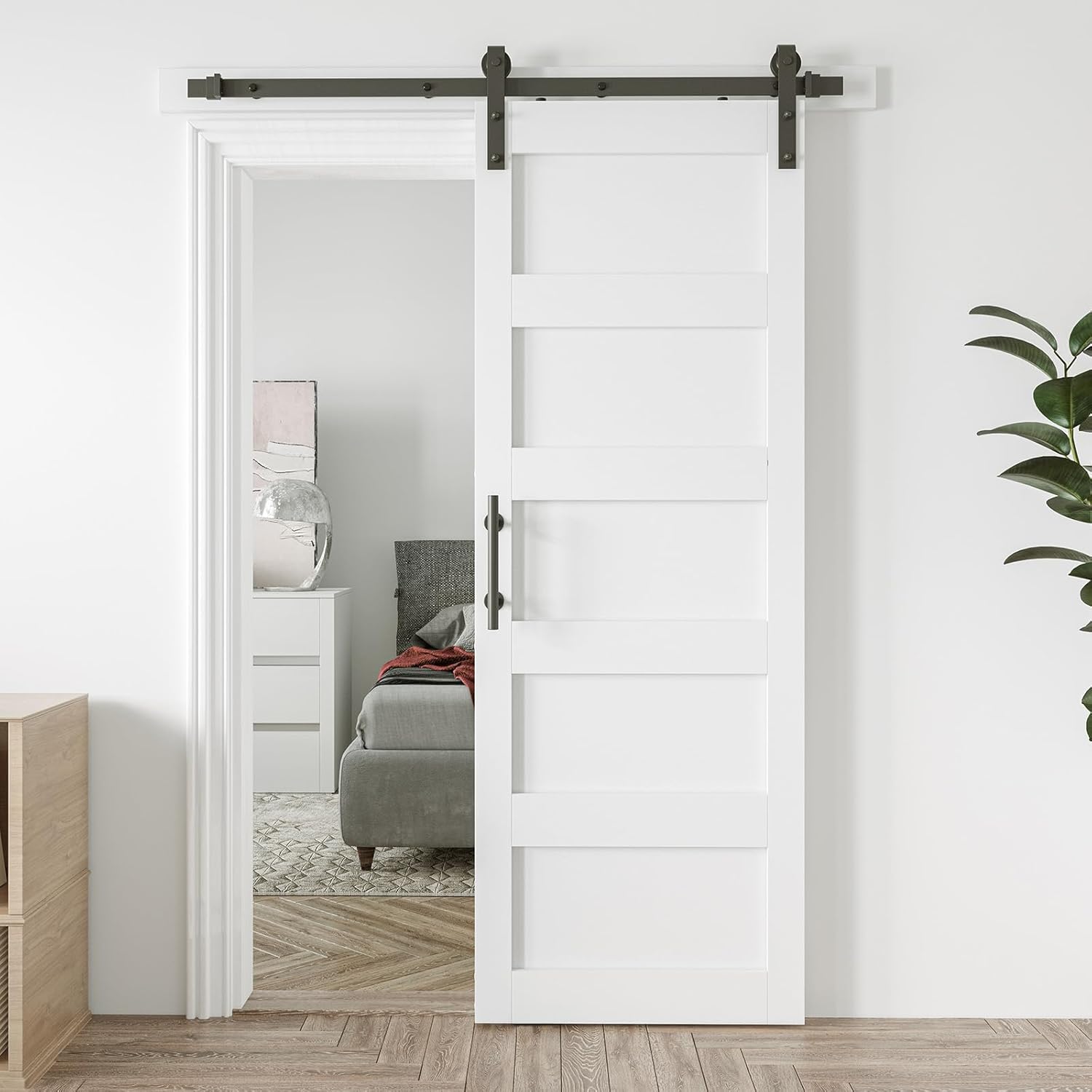 30x84 Sliding Barn Door with 5ft Hardware Kit, Fit 26-28in Wide Opening, Pre-Drilled Solid Core, PVC Covered Water-Proof, Easy Assembly, White 5 Panel