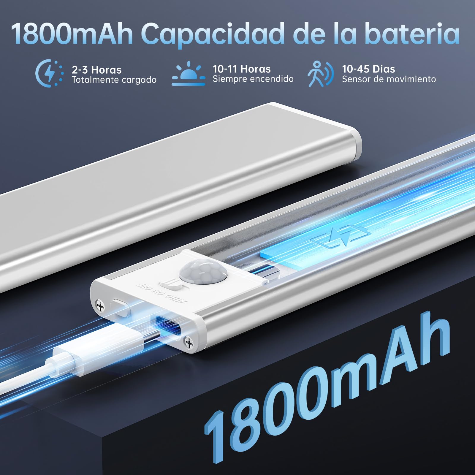 Luz LED con Sensor de Movimiento, 30 cm Luces Led Cocina,5 Piezas | 1800mAh Luz armario, 54 LEDs, 3 Colores, Recargable, Regulable, Montaje Magnético para Cocina,Pasillo, Escalera, Gabinete