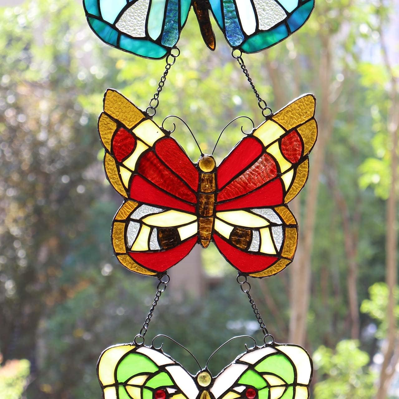 Bieye W10053 - Panel de vidrieras estilo mariposa Tiffany con 3 piezas para colgar sucesivamente dentro de cadenas, 12 pulgadas de ancho x 25 pulgadas de alto