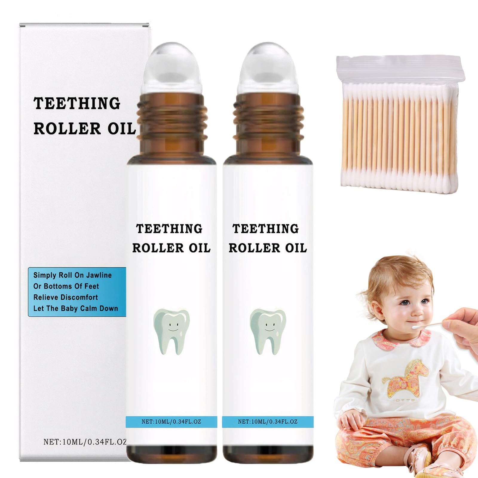 Teething Roller Natural Pain Relief Baby,2 Pieces Teething Roller Oil,Teething Roller Teething Roller Natural Pain Relief for Relieving Dental Discomfort with Cotton Swabs (100 Pcs)