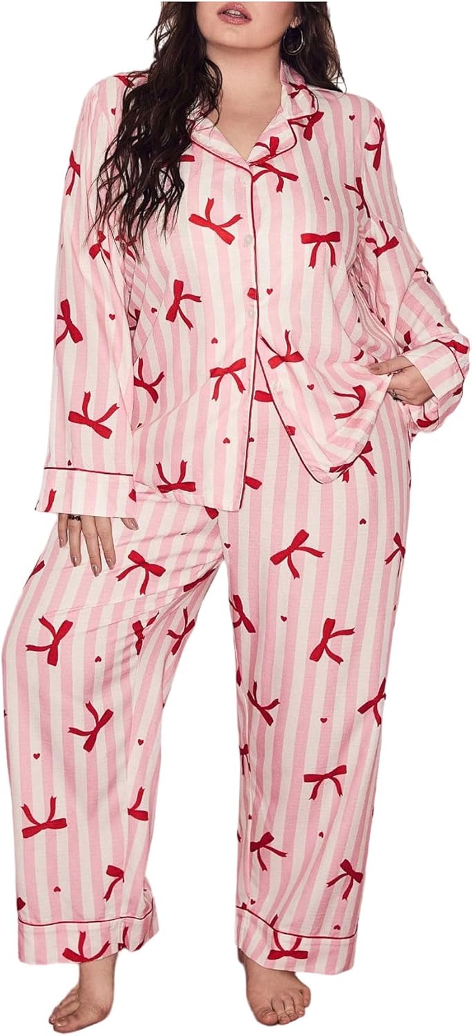 WDIRARA Women's Plus Szie 2pc Bowknot Satin Pajama Set Striped Long Sleeve Button Down Pants Sleepwear Sets