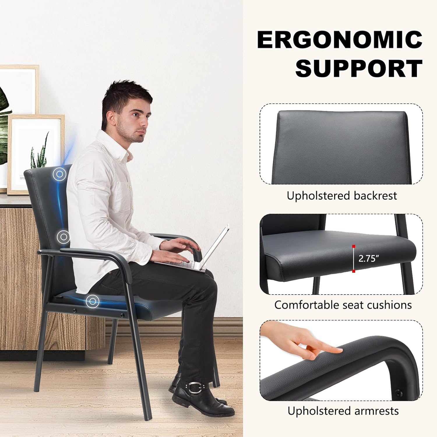 Office Guest Reception Chair 600 lbs Capacity Leather Conference Room Chairs with Padded Armrests No Wheels Desk Chair Black