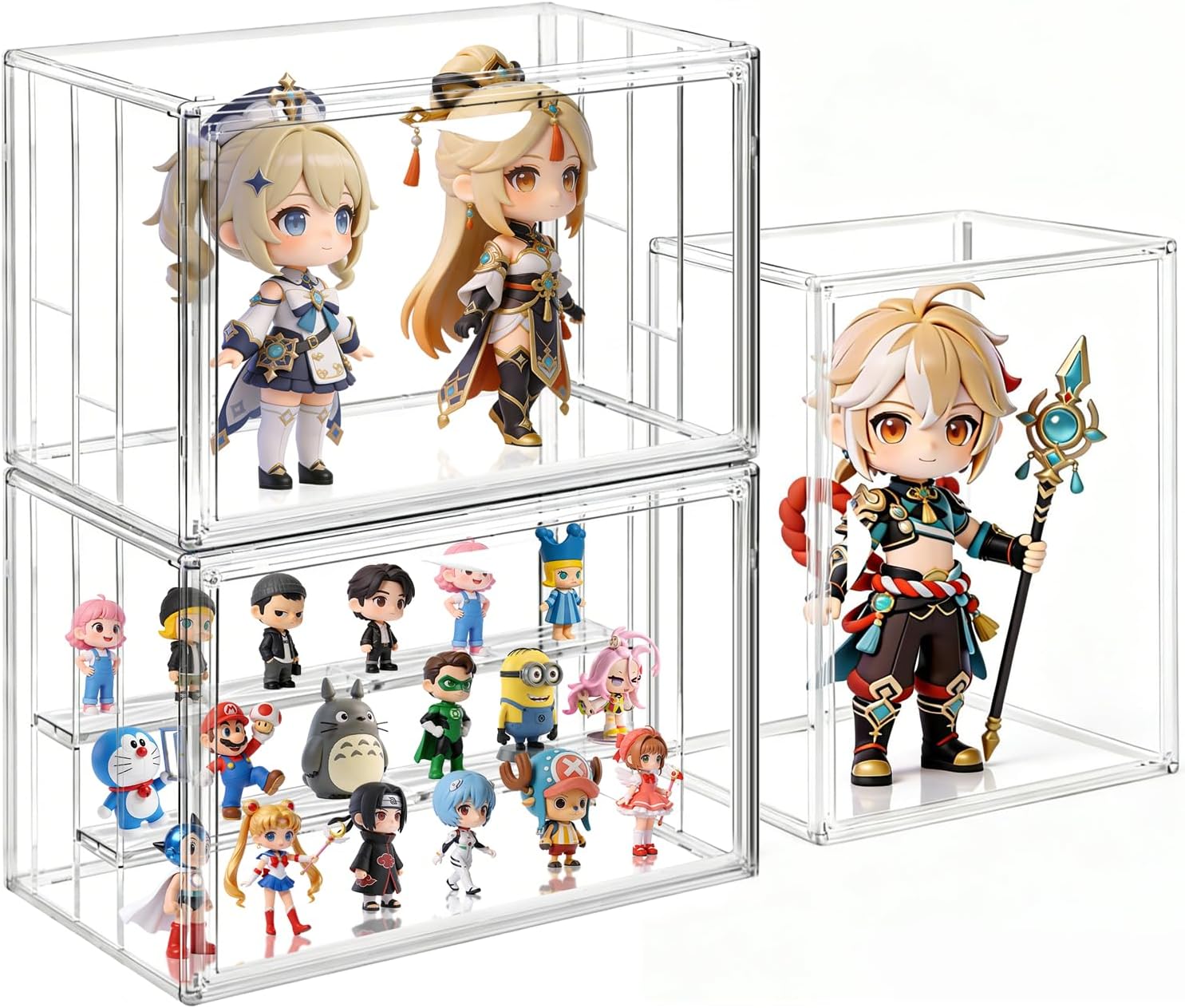 Clear Acrylic Display Case for Collectibles 3 Layer Adjustable Figure Display Box with 2 Movable Plates, Stackable Figurine Display Shelf with Magnetic Door for Action Figures, Funko (Large-2pcs)