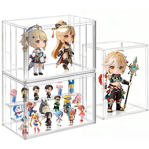 Clear Acrylic Display Case for Collectibles 3 Layer Adjustable Figure Display Box with 2 Movable Plates, Stackable Figurine Display Shelf with Magnetic Door for Action Figures, Funko(Large-2pack) - Large-2pcs