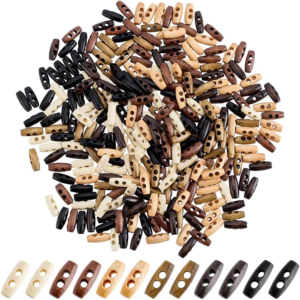 FINGERINSPIRE 150 Pcs Mini Wooden Toggle Buttons 20x8mm Olive Shape Buttons with 2-Holes 6 Colors Natural Wood Sewing Buttons for Clothes Decor Coat Trench Coat Fasteners