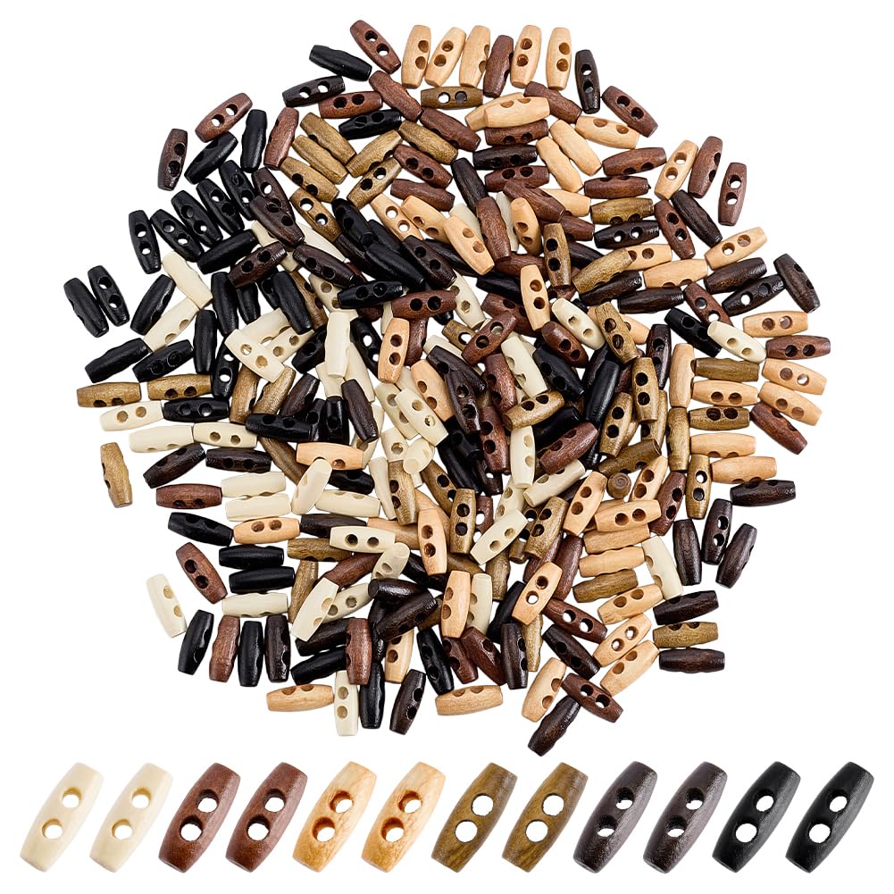 FINGERINSPIRE 150 Pcs Mini Wooden Toggle Buttons 20x8mm Olive Shape Buttons with 2-Holes 6 Colors Natural Wood Sewing Buttons for Clothes Decor Coat Trench Coat Fasteners