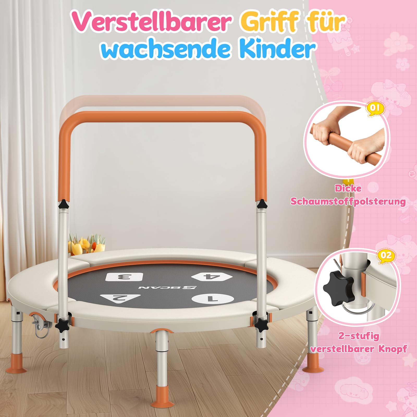 BCAN 91 cm Kleinkind-Trampolin, Verstellbarer Griff, Sicherheitspolster und klappbare Beine, Baby-Trampolin für drinnen und draußen, Geschenk für Jungen und Mädchen