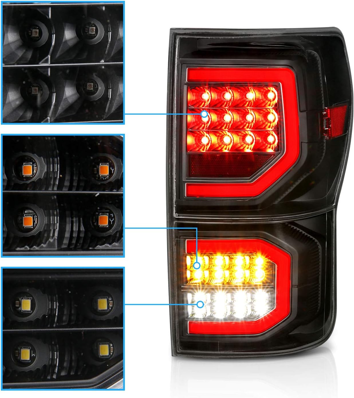 AmeriLite for 2007-2013 Toyota Tundra Pickup Crystal Black [Full LED] Dual C-Type Tube Replacement Taillights Brake Lamp Pair - Passenger and Driver Side