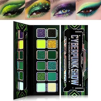 Green Eyeshadow Makeup Palette, 12 Colors Neon Emerald Green Glitter Holographic Eyeshadow with Matte Shimmer for Brown Eyes, Pigmented Silky Long Last Forest Eye Shadow for Witch, Shrek, Party, Vegan