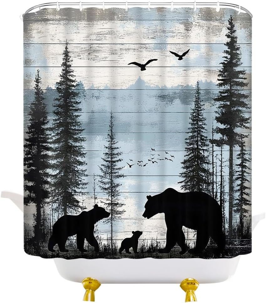 Rustic Cabin Shower Curtain Farmhouse Country Bear Forest Vintage Wooden Board Hunting Camping Fabric Bathroom Decor Curtain with Hooks, 78Wx70H