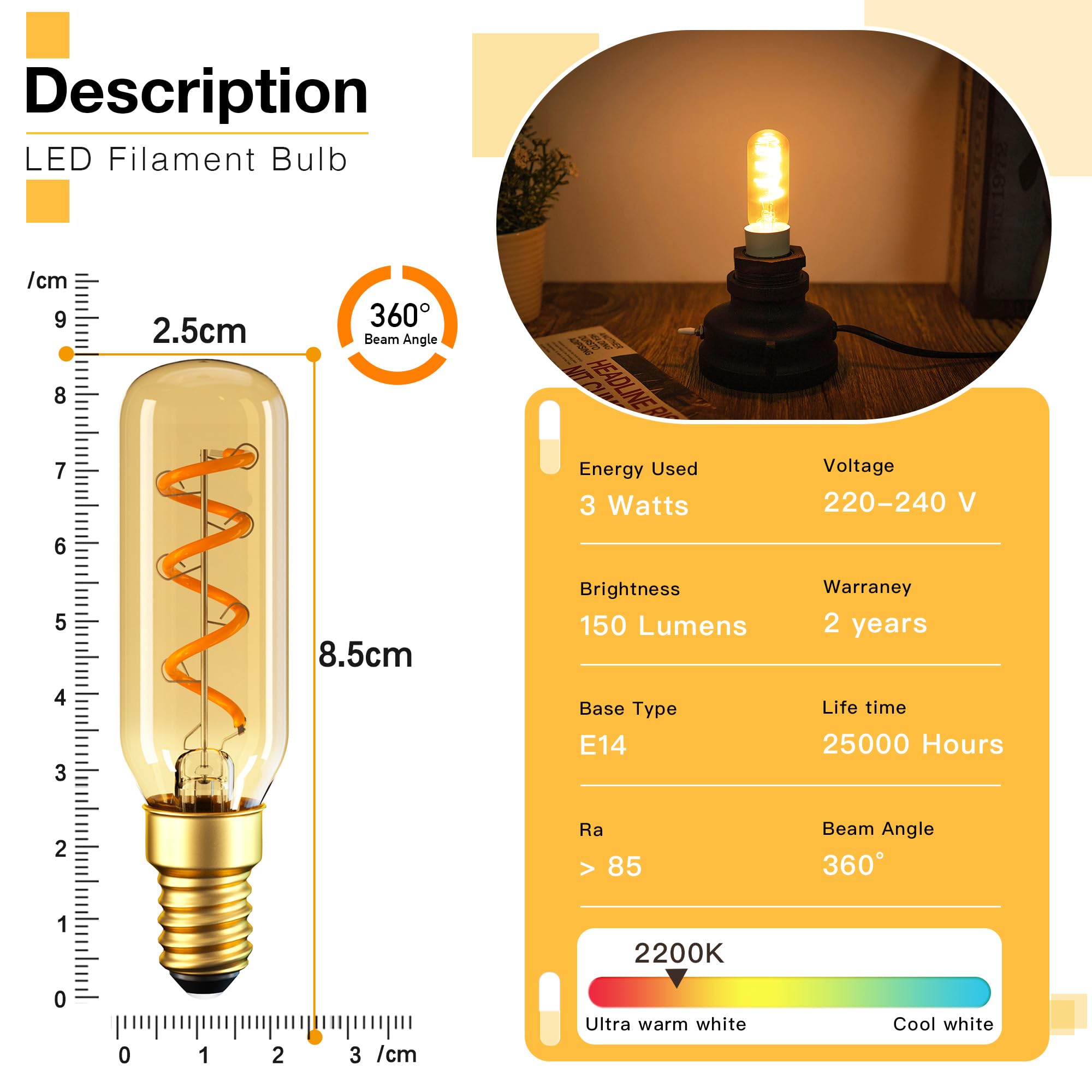 Genixgreen Vintage E14 LED Edison Żarówka ciepła biel 25 W, T25 3W Stara spiralna żarówka LED, 2200K Ciepłe światło Żarówka retro do kawiarni, bursztynowe szkło, CRI90+, 6 sztuk