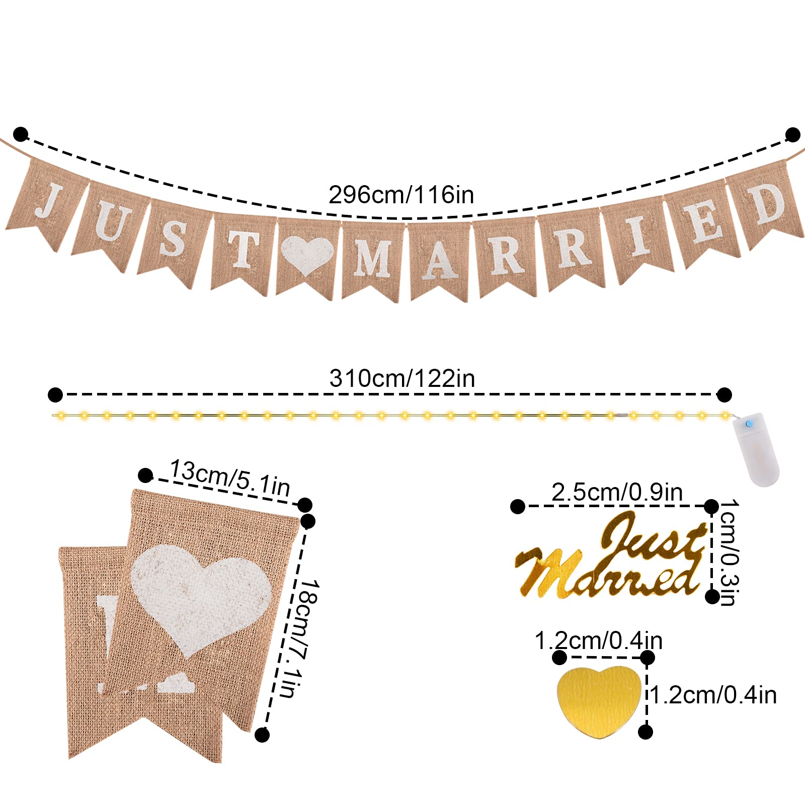 Ulikey - Bannière Just Married Guirlande Lumineuse LED - Décoration Mariage Vintage Toile De Jute - 3M Avec Confettis